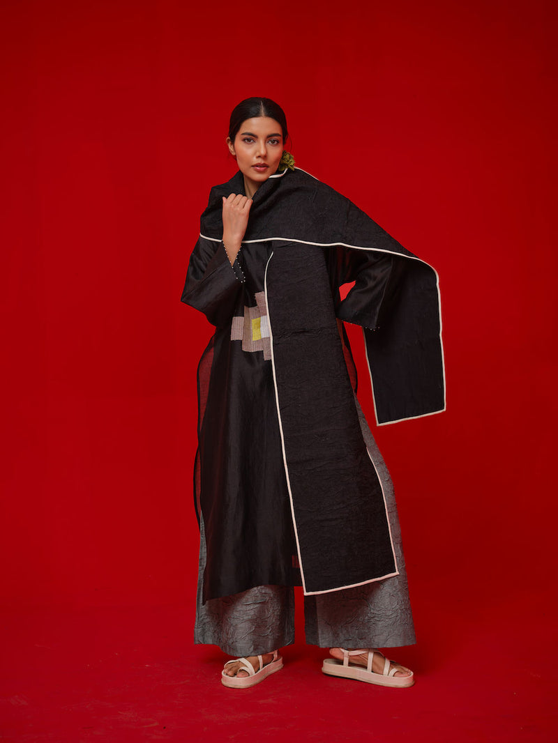 Seek Scarf-Black + Natural mysore silk scarve/stole by Stoique in black, natural for women in Singapore