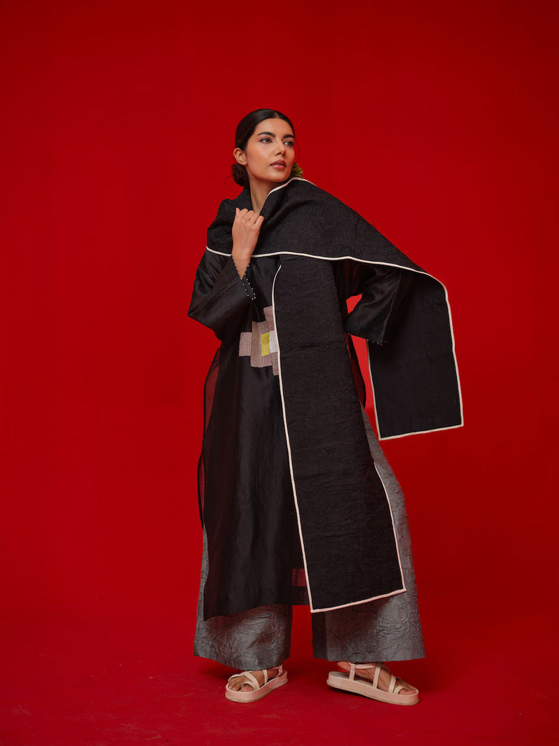 Trace Tunic-Black + Grey silk chanderi tunics/kaftan by Stoique in black, grey for women in Singapore