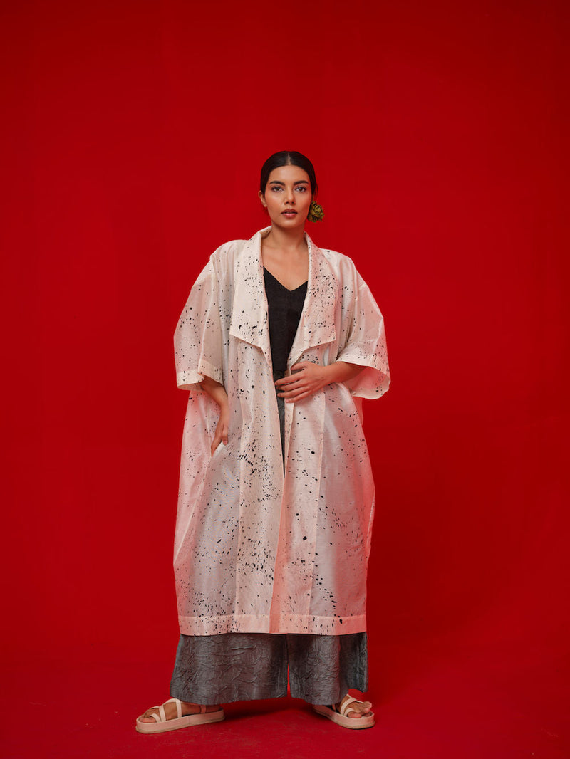 Wander Overlay-Ivory + Black silk chanderi jacktes and overlays by Stoique in ivory, black for women in Singapore