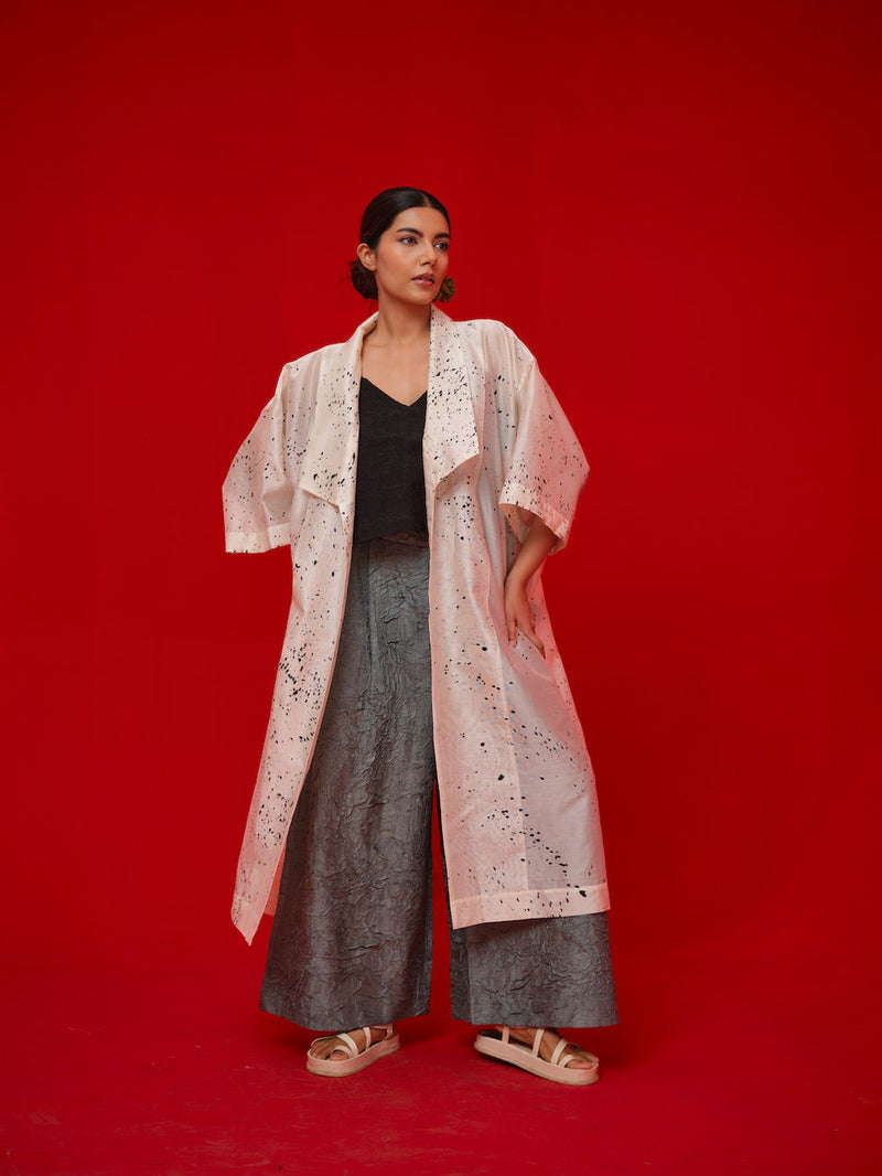 Wander Overlay-Ivory + Black silk chanderi jacktes and overlays by Stoique in ivory, black for women in Singapore