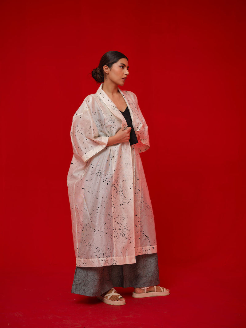 Wander Overlay-Ivory + Black silk chanderi jacktes and overlays by Stoique in ivory, black for women in Singapore