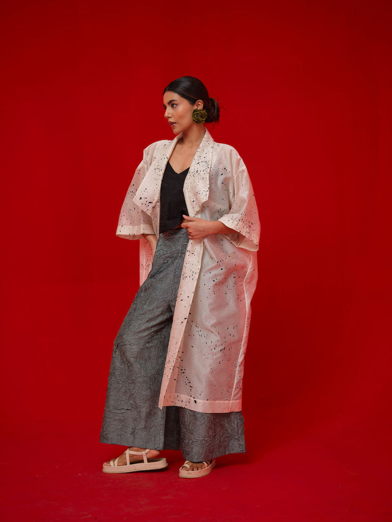 Wander Overlay-Ivory + Black silk chanderi jacktes and overlays by Stoique in ivory, black for women in Singapore