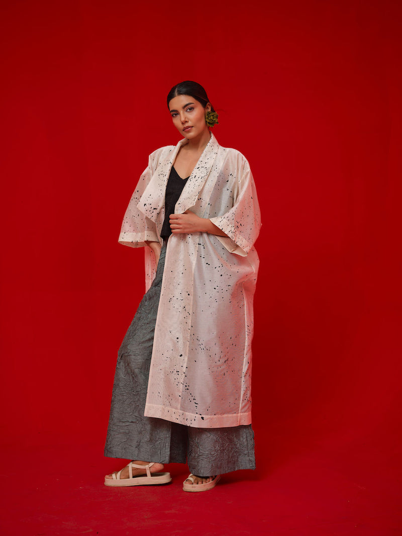 Wander Overlay-Ivory + Black silk chanderi jacktes and overlays by Stoique in ivory, black for women in Singapore