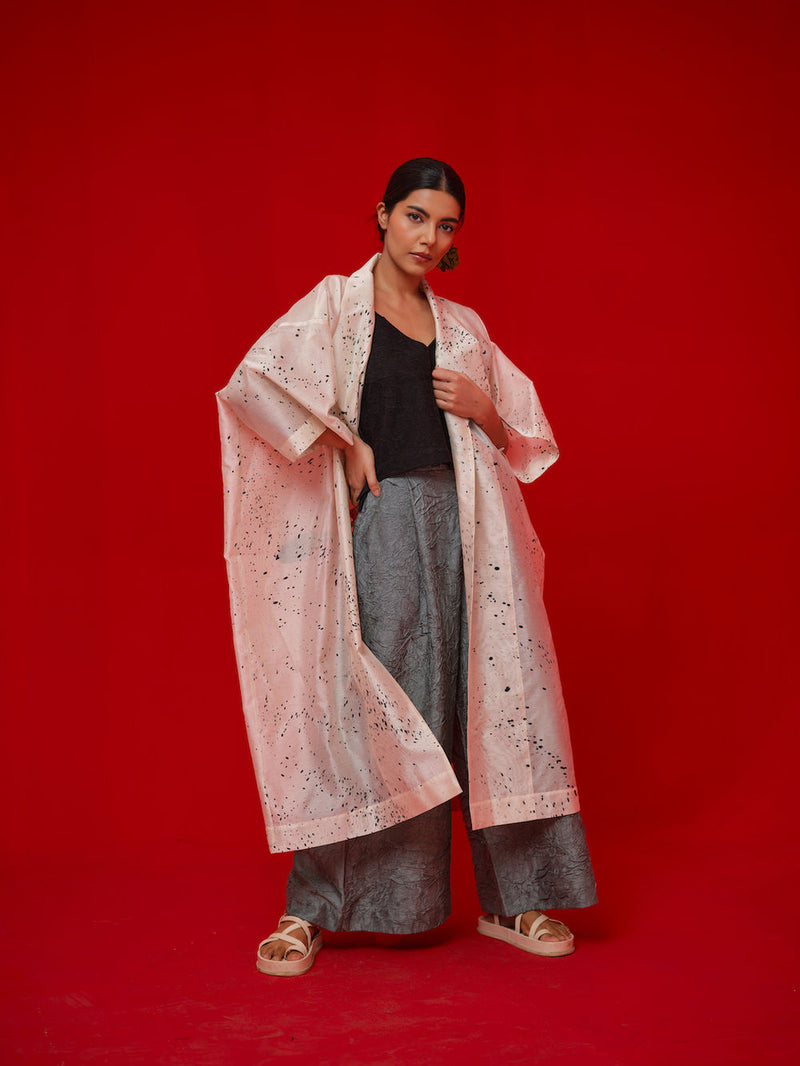 Wander Overlay-Ivory + Black silk chanderi jacktes and overlays by Stoique in ivory, black for women in Singapore