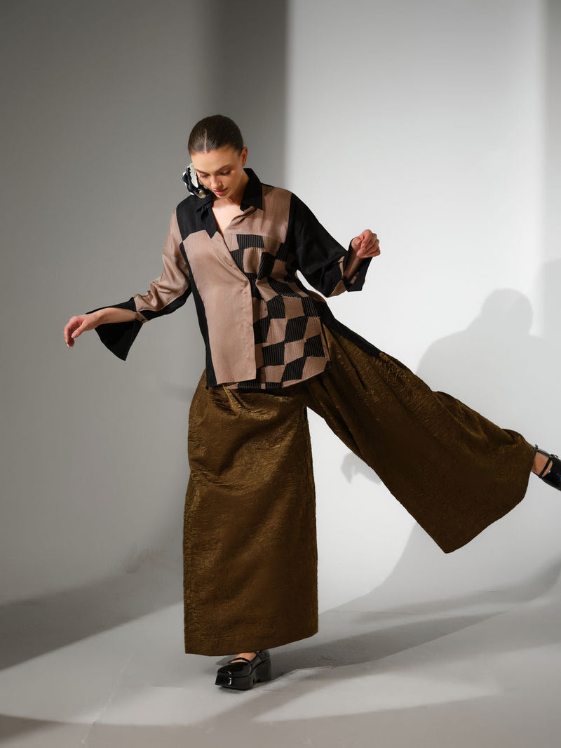 Dew Shirt-Grey + Black mysore silk top/shirt by Stoique in grey, black for women in Singapore