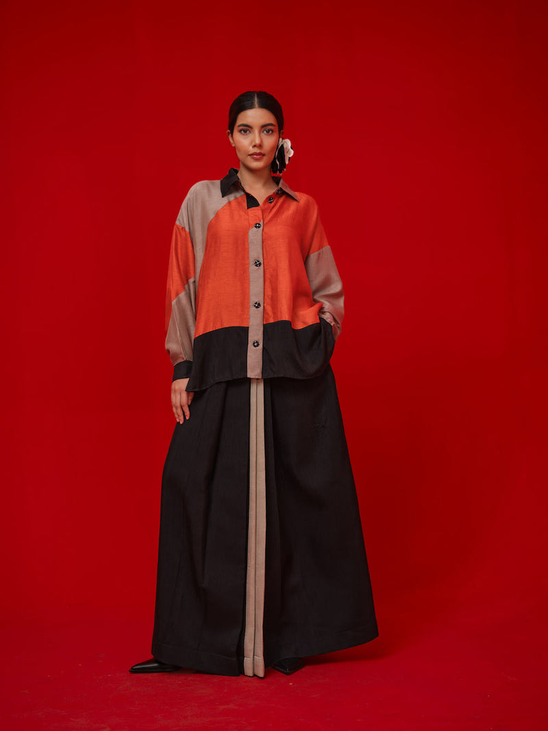 Ponder Shirt-Black + Orange + Grey mysore silk pant/trouser by Stoique in black, orange, grey for women in Singapore
