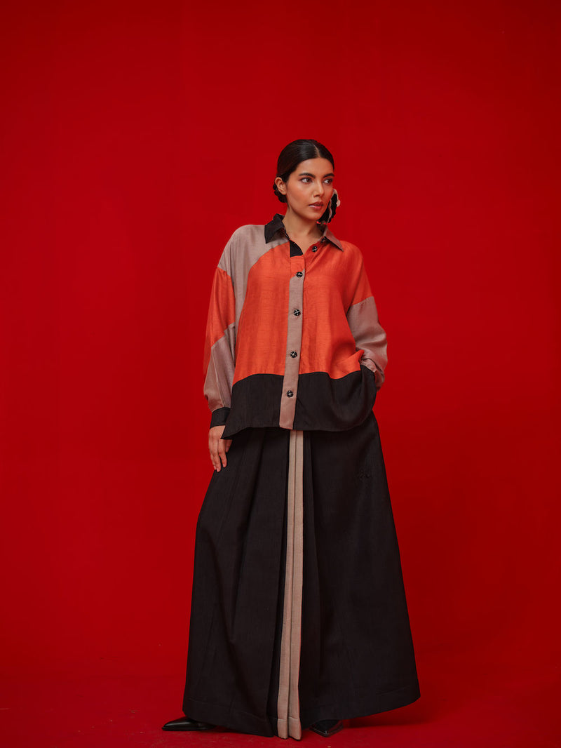 Ponder Shirt-Black + Orange + Grey mysore silk pant/trouser by Stoique in black, orange, grey for women in Singapore