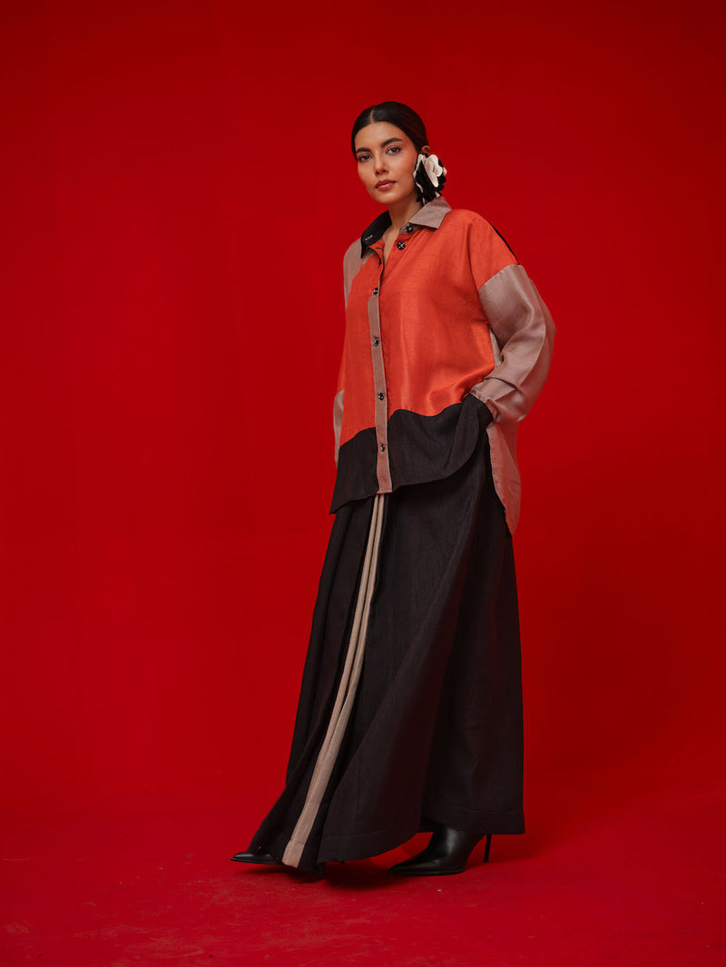 Ponder Shirt-Black + Orange + Grey mysore silk pant/trouser by Stoique in black, orange, grey for women in Singapore