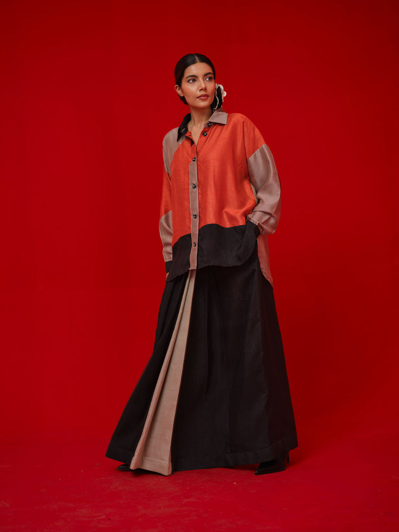 Ponder Shirt-Black + Orange + Grey mysore silk pant/trouser by Stoique in black, orange, grey for women in Singapore