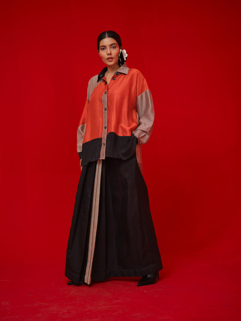 Ponder Shirt-Black + Orange + Grey mysore silk pant/trouser by Stoique in black, orange, grey for women in Singapore