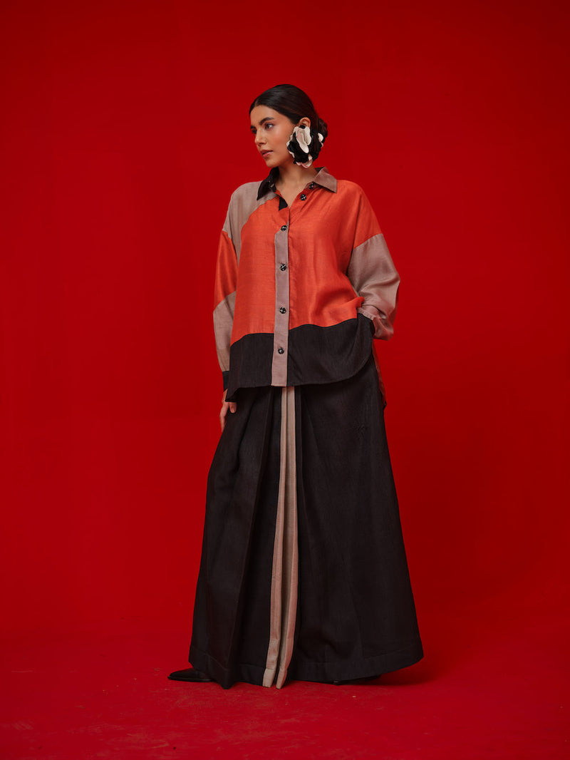 Ponder Shirt-Black + Orange + Grey mysore silk pant/trouser by Stoique in black, orange, grey for women in Singapore