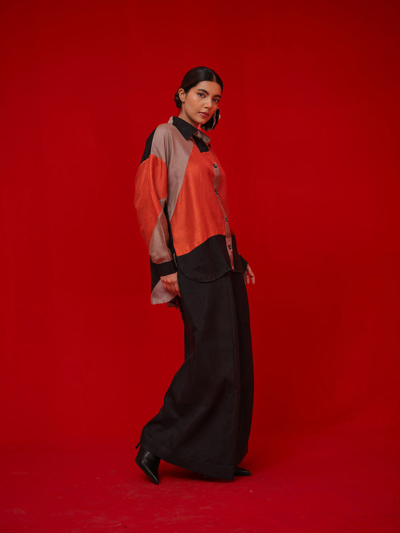 Ponder Shirt-Black + Orange + Grey mysore silk pant/trouser by Stoique in black, orange, grey for women in Singapore