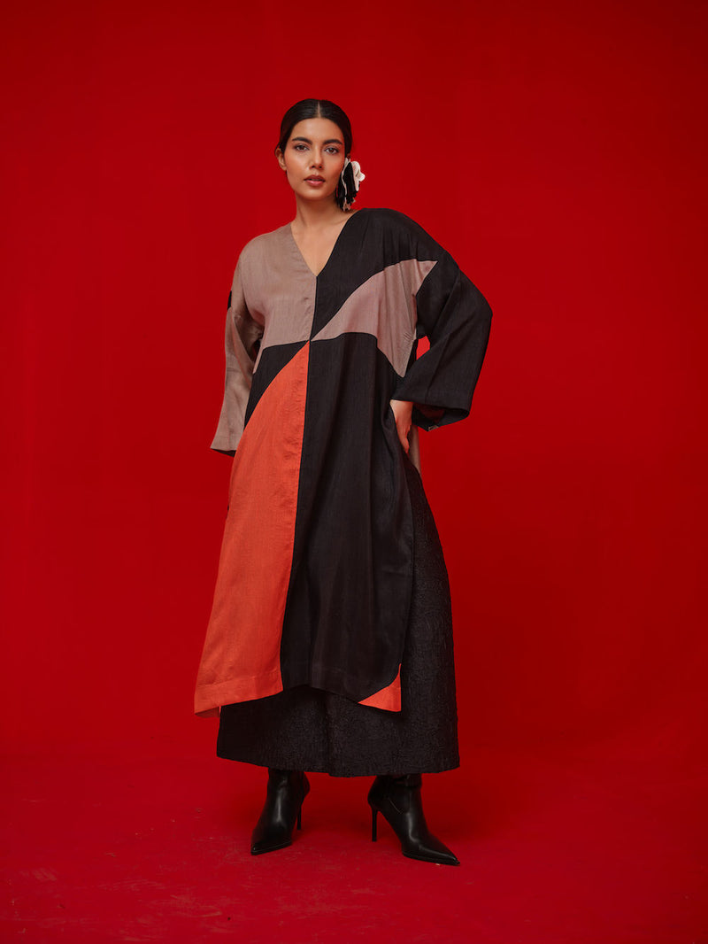 Ponder Tunic-Black + Orange + Grey mysore silk tunics/kaftan by Stoique in black, orange, grey for women in Singapore