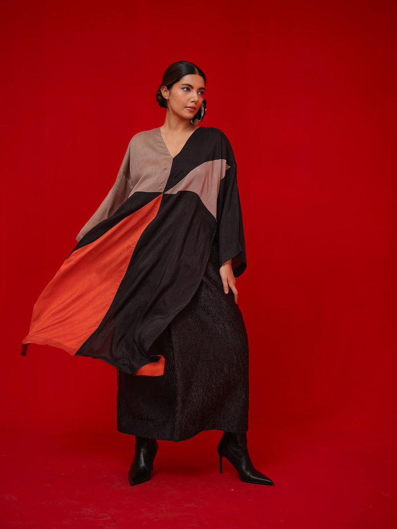 Ponder Tunic-Black + Orange + Grey mysore silk tunics/kaftan by Stoique in black, orange, grey for women in Singapore