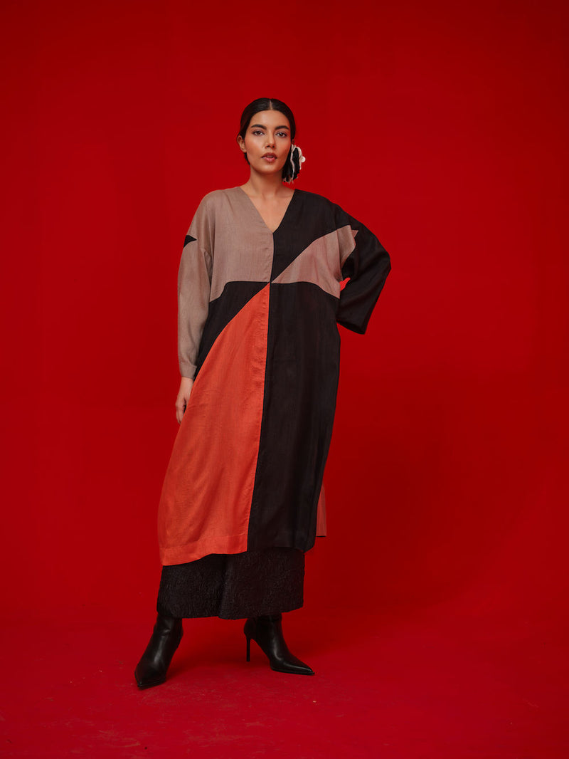 Ponder Tunic-Black + Orange + Grey mysore silk tunics/kaftan by Stoique in black, orange, grey for women in Singapore