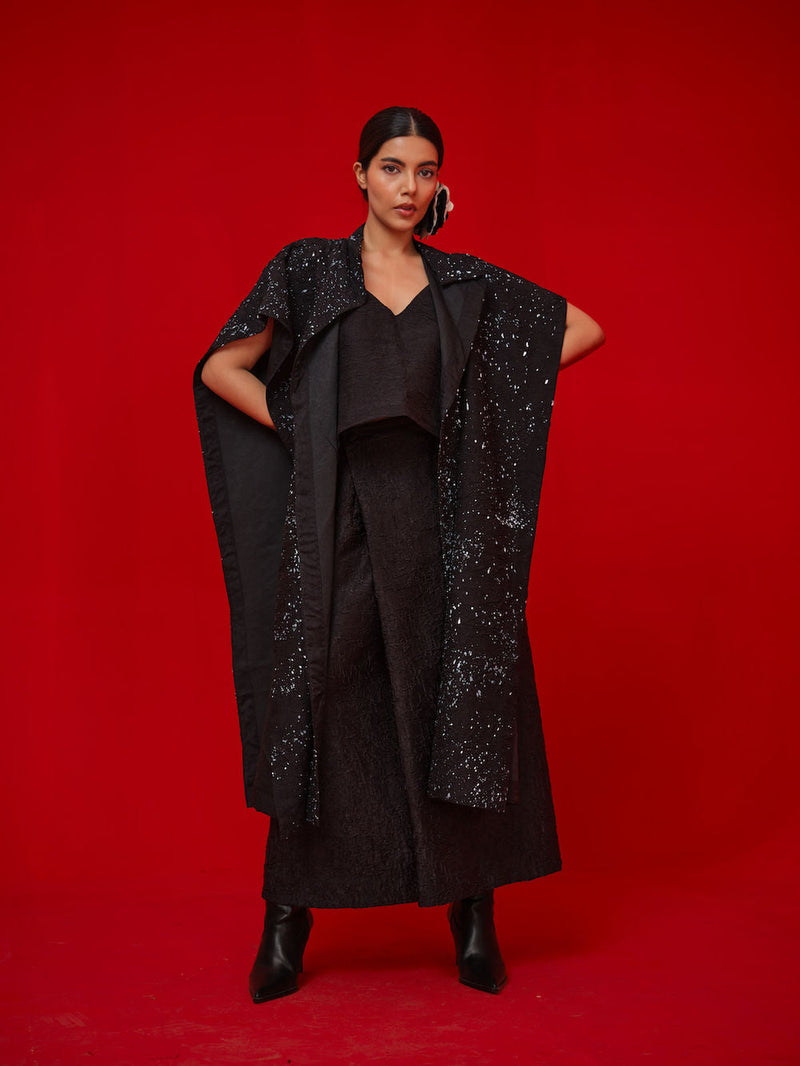 Moon Beam Overlay-Black + Ivory crushed silk jacktes and overlays by Stoique in black, ivory for women in Singapore