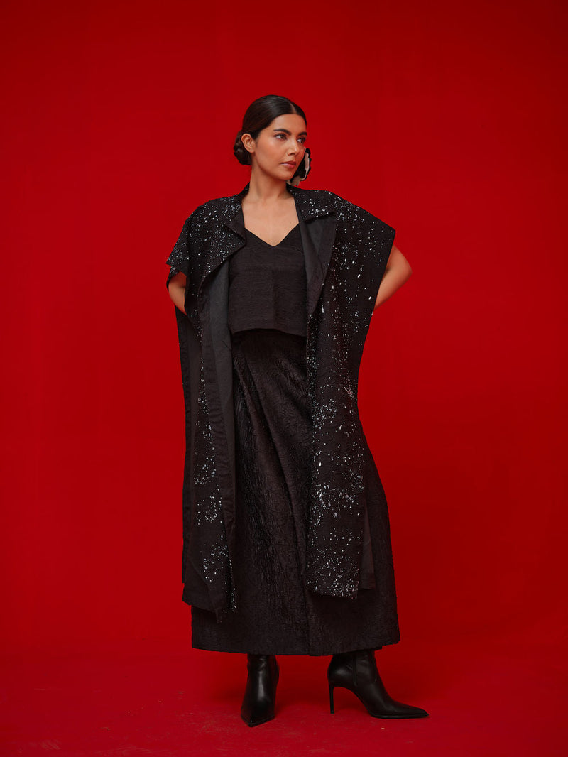 Moon Beam Overlay-Black + Ivory crushed silk jacktes and overlays by Stoique in black, ivory for women in Singapore