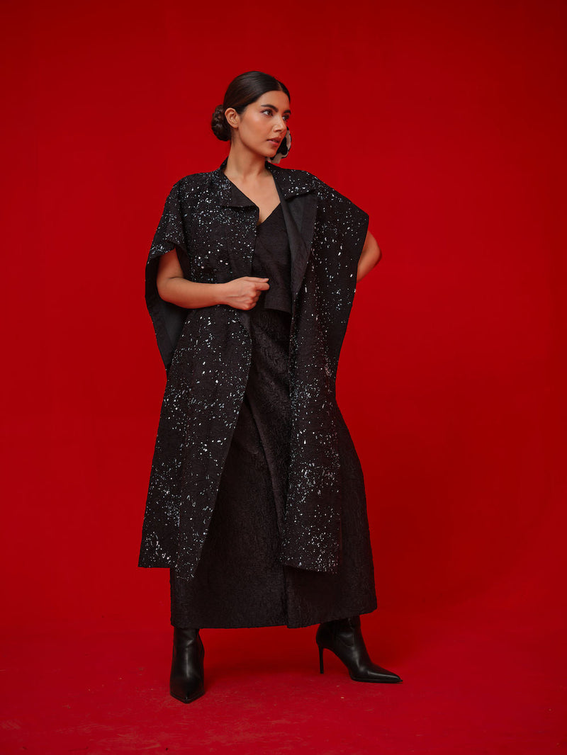Moon Beam Overlay-Black + Ivory crushed silk jacktes and overlays by Stoique in black, ivory for women in Singapore