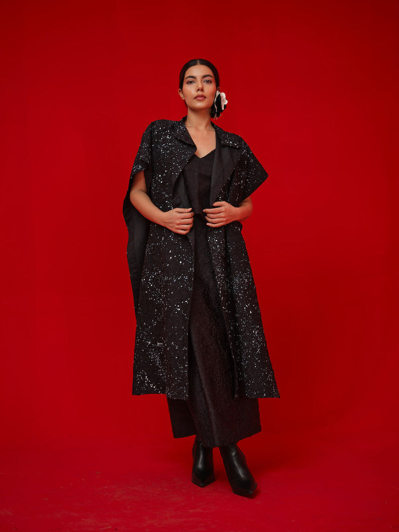 Moon Beam Overlay-Black + Ivory crushed silk jacktes and overlays by Stoique in black, ivory for women in Singapore