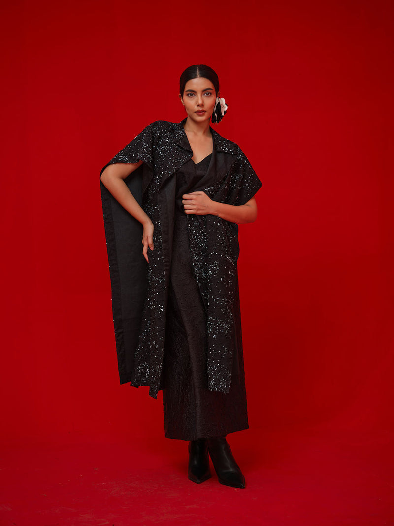 Moon Beam Overlay-Black + Ivory crushed silk jacktes and overlays by Stoique in black, ivory for women in Singapore