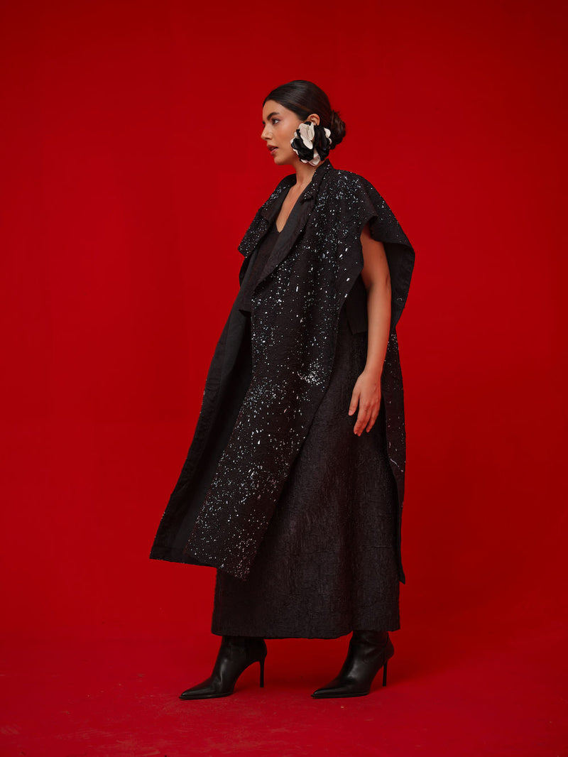 Moon Beam Overlay-Black + Ivory crushed silk jacktes and overlays by Stoique in black, ivory for women in Singapore