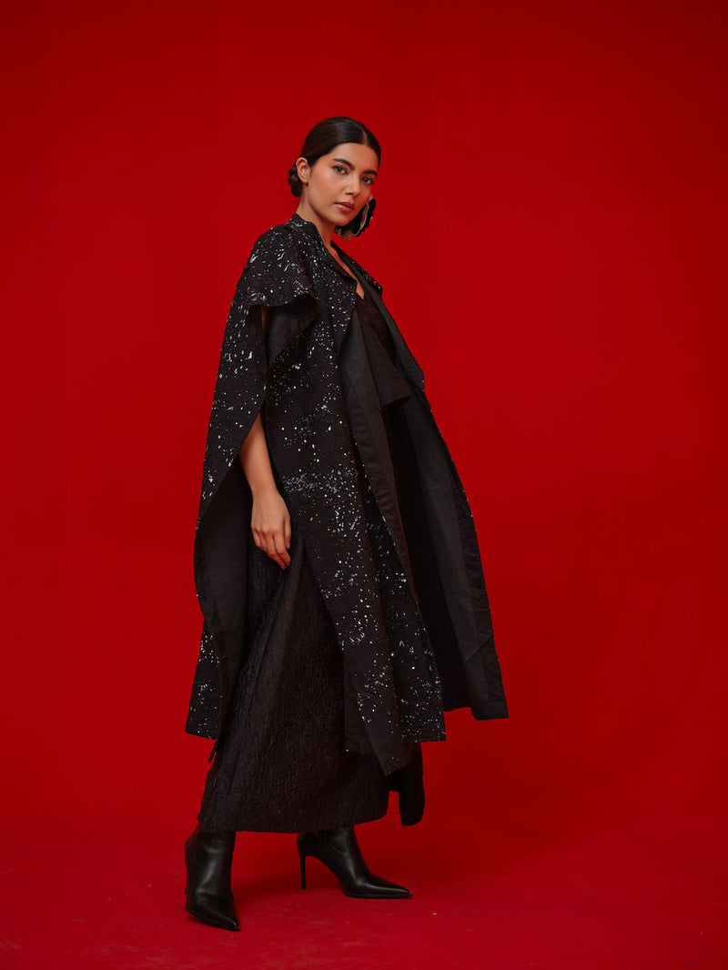 Moon Beam Overlay-Black + Ivory crushed silk jacktes and overlays by Stoique in black, ivory for women in Singapore