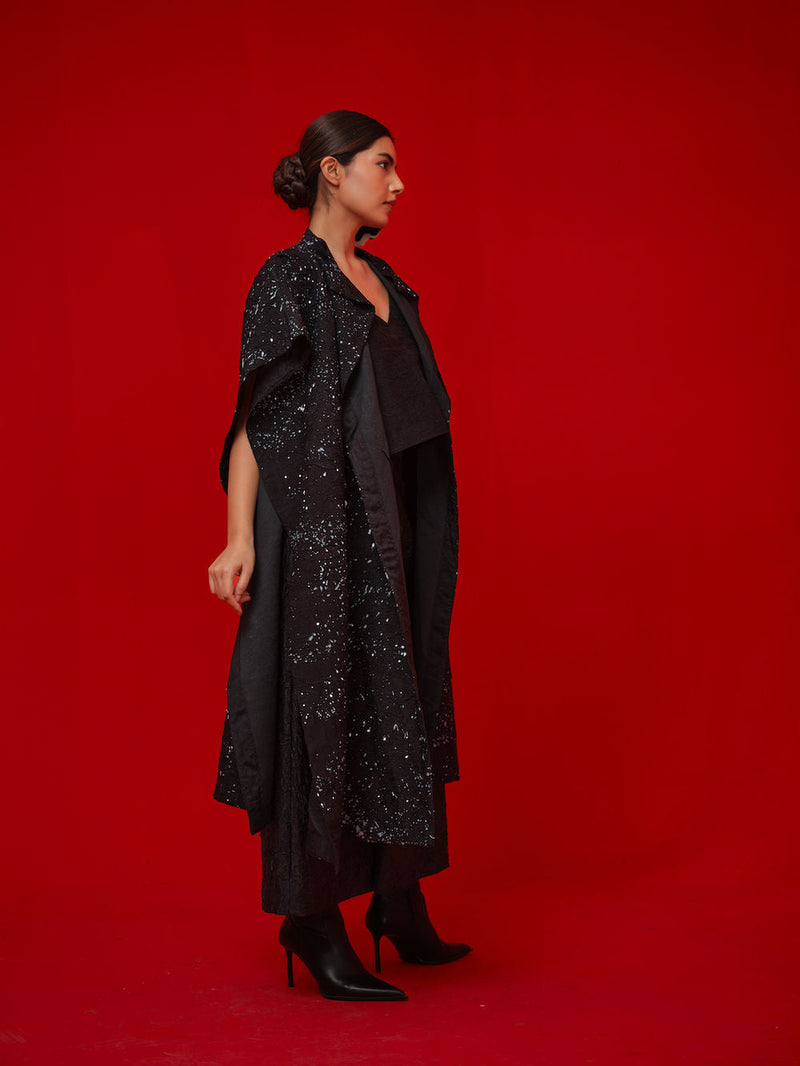 Moon Beam Overlay-Black + Ivory crushed silk jacktes and overlays by Stoique in black, ivory for women in Singapore