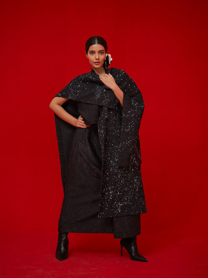 Moon Beam Overlay-Black + Ivory crushed silk jacktes and overlays by Stoique in black, ivory for women in Singapore
