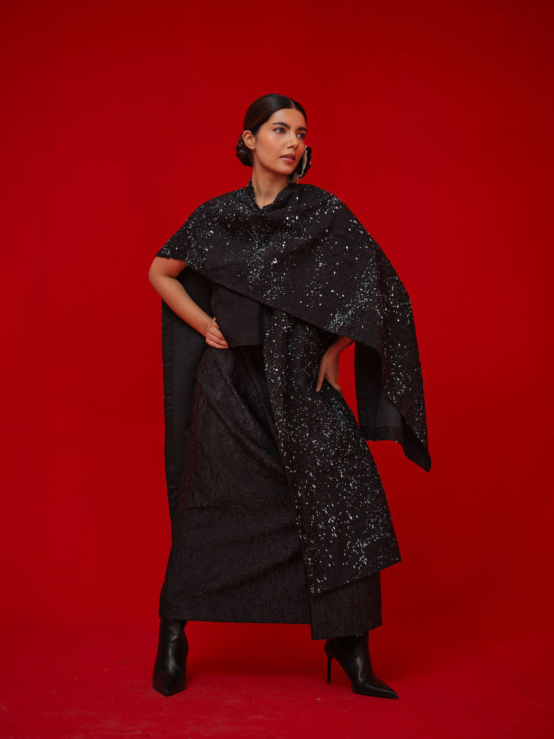 Moon Beam Overlay-Black + Ivory crushed silk jacktes and overlays by Stoique in black, ivory for women in Singapore