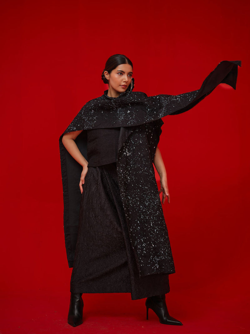 Moon Beam Overlay-Black + Ivory crushed silk jacktes and overlays by Stoique in black, ivory for women in Singapore