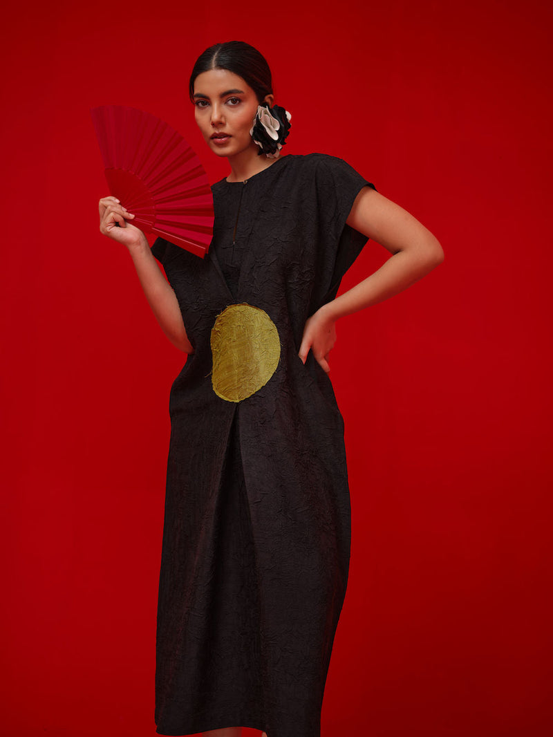 Lane Dress-Black + Leaf green crushed silk dress by Stoique in black, green for women in Singapore