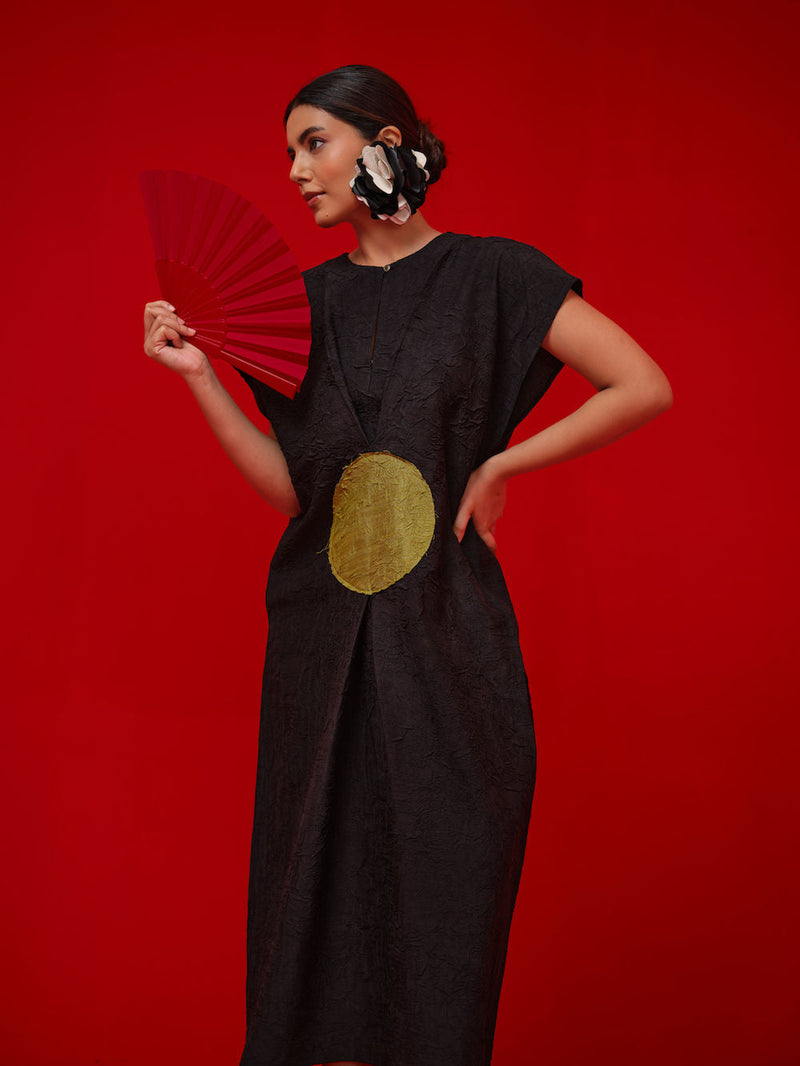 Lane Dress-Black + Leaf green crushed silk dress by Stoique in black, green for women in Singapore