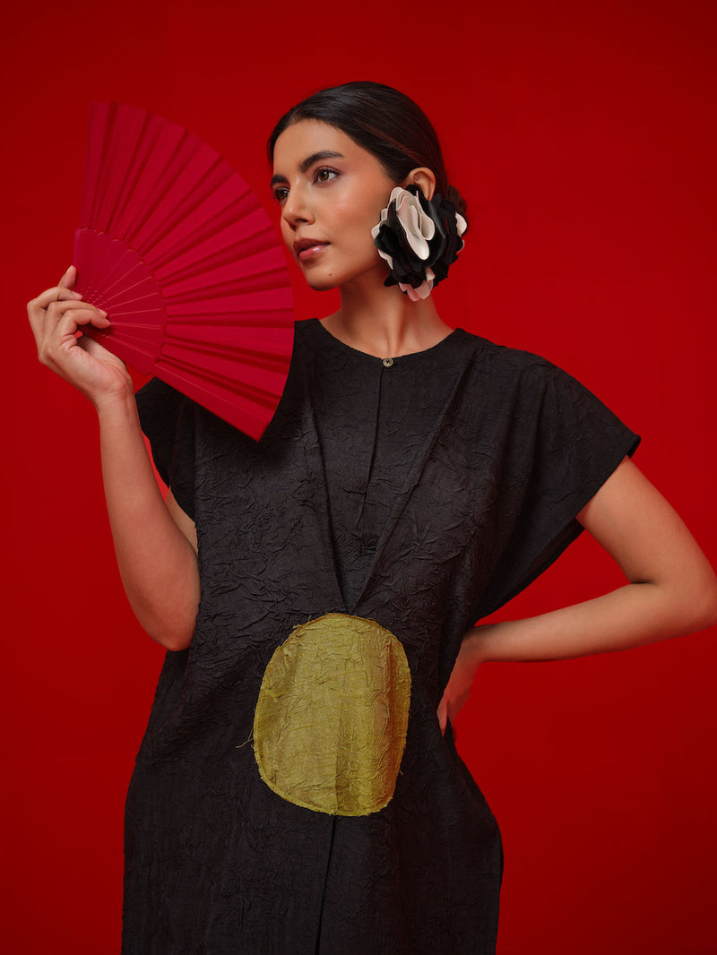 Lane Dress-Black + Leaf green crushed silk dress by Stoique in black, green for women in Singapore