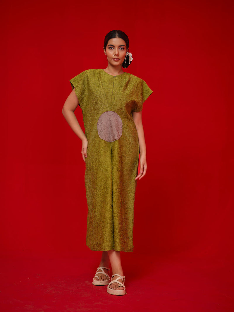 Lane Dress-Leaf green + Grey crushed silk dress by Stoique in green, grey for women in Singapore