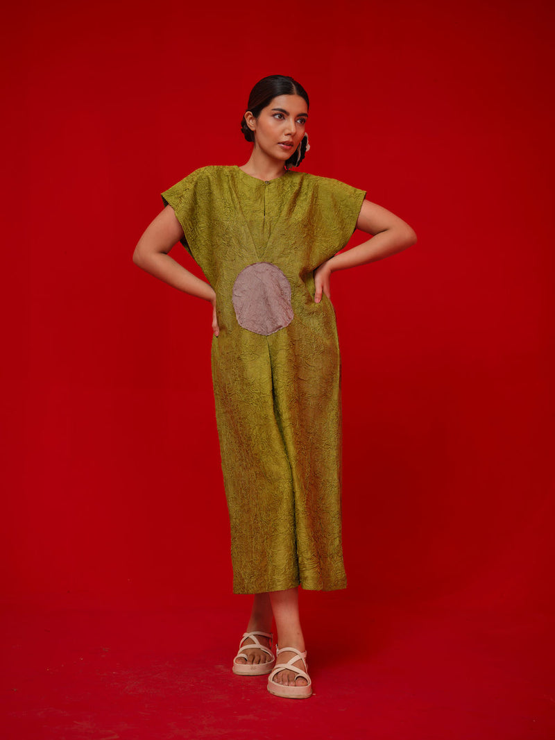 Lane Dress-Leaf green + Grey crushed silk dress by Stoique in green, grey for women in Singapore