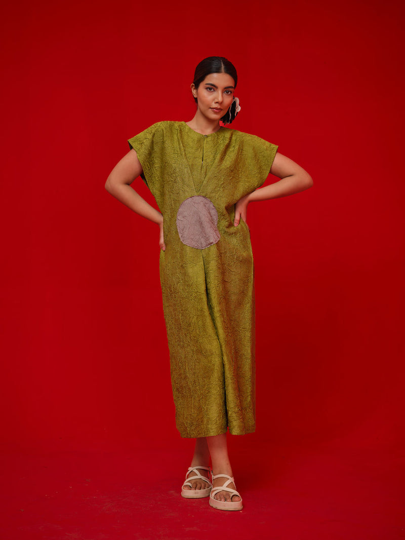 Lane Dress-Leaf green + Grey crushed silk dress by Stoique in green, grey for women in Singapore
