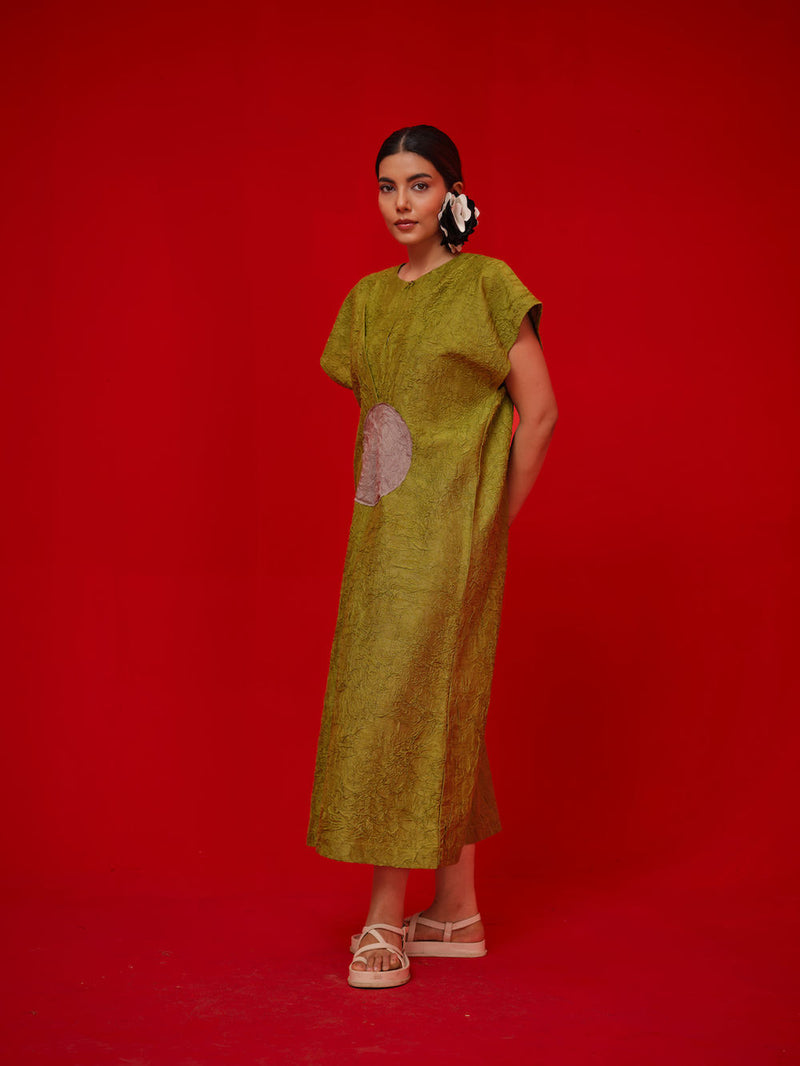 Lane Dress-Leaf green + Grey crushed silk dress by Stoique in green, grey for women in Singapore