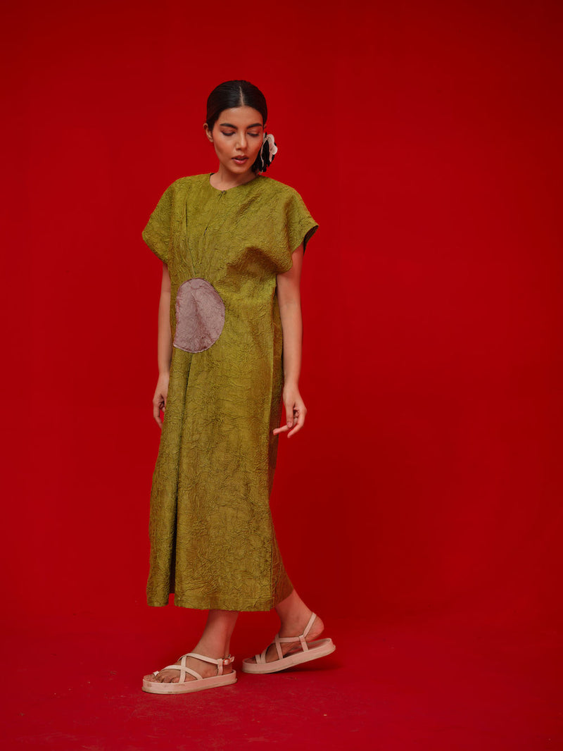 Lane Dress-Leaf green + Grey crushed silk dress by Stoique in green, grey for women in Singapore