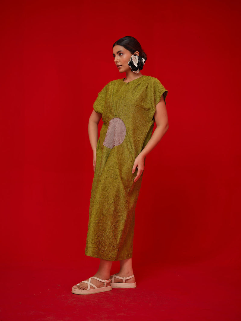 Lane Dress-Leaf green + Grey crushed silk dress by Stoique in green, grey for women in Singapore