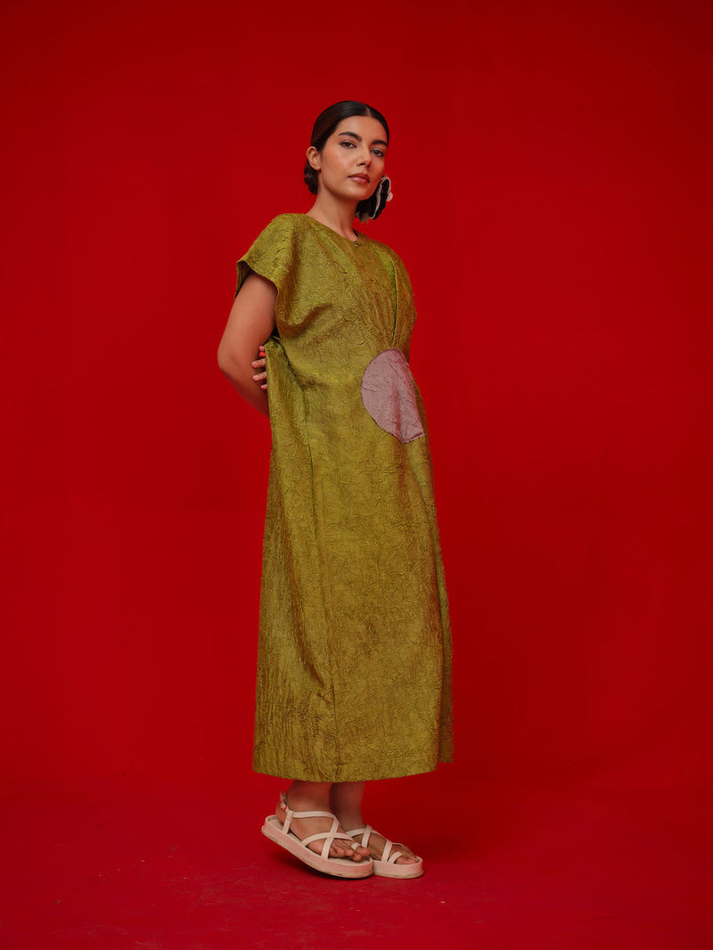 Lane Dress-Leaf green + Grey crushed silk dress by Stoique in green, grey for women in Singapore