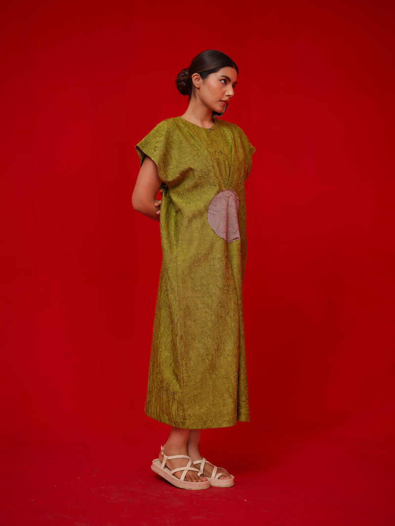 Lane Dress-Leaf green + Grey crushed silk dress by Stoique in green, grey for women in Singapore