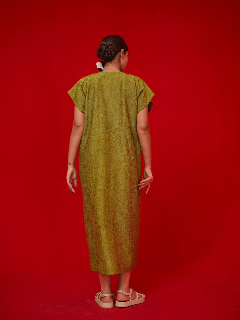 Lane Dress-Leaf green + Grey crushed silk dress by Stoique in green, grey for women in Singapore