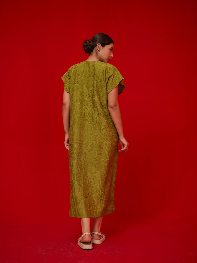 Lane Dress-Leaf green + Grey crushed silk dress by Stoique in green, grey for women in Singapore