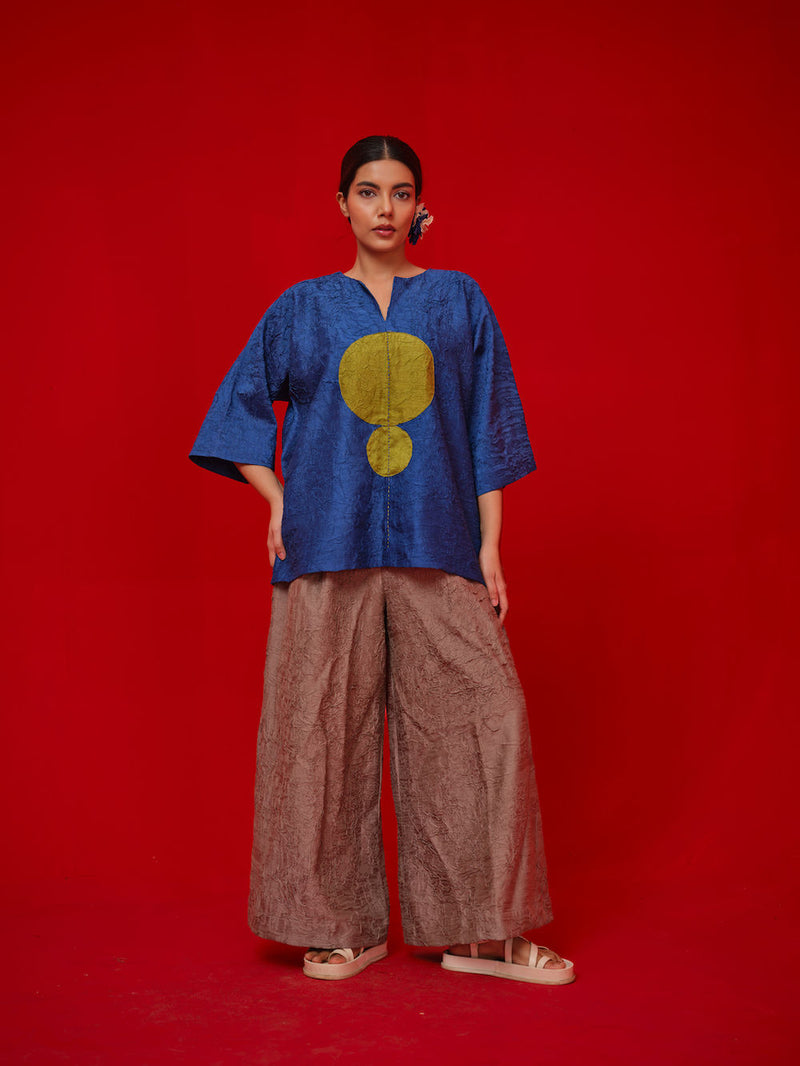 Alley Top-Blue + Leaf green crushed silk top/shirt by Stoique in blue, green for women in Singapore