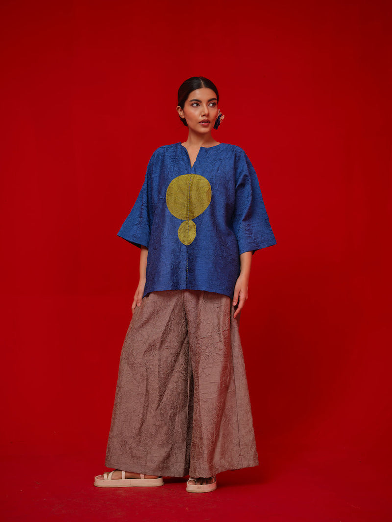 Alley Top-Blue + Leaf green crushed silk top/shirt by Stoique in blue, green for women in Singapore