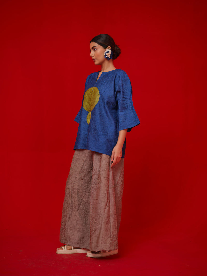 Alley Top-Blue + Leaf green crushed silk top/shirt by Stoique in blue, green for women in Singapore