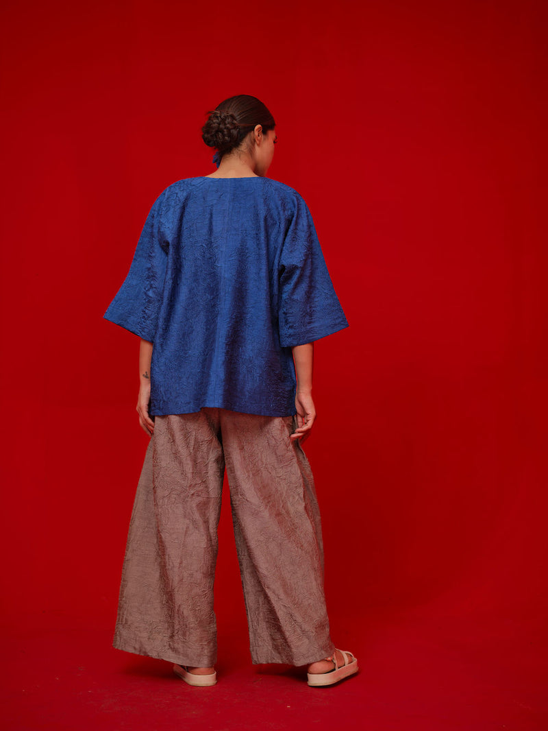 Alley Top-Blue + Leaf green crushed silk top/shirt by Stoique in blue, green for women in Singapore