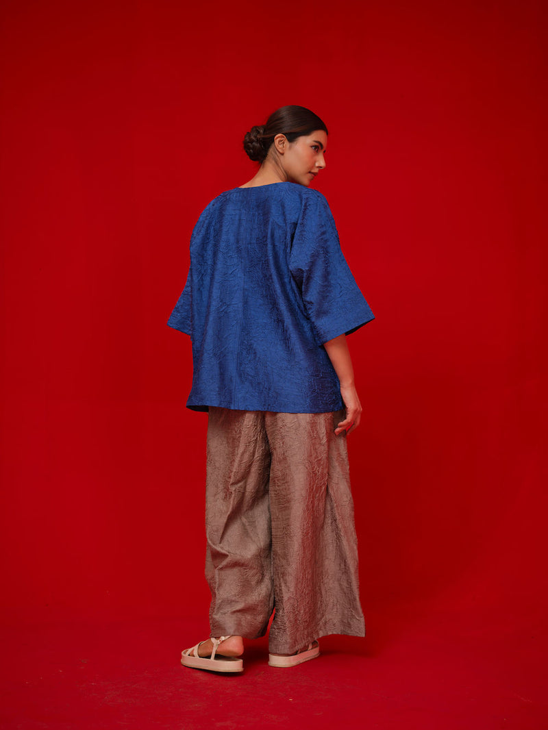 Alley Top-Blue + Leaf green crushed silk top/shirt by Stoique in blue, green for women in Singapore