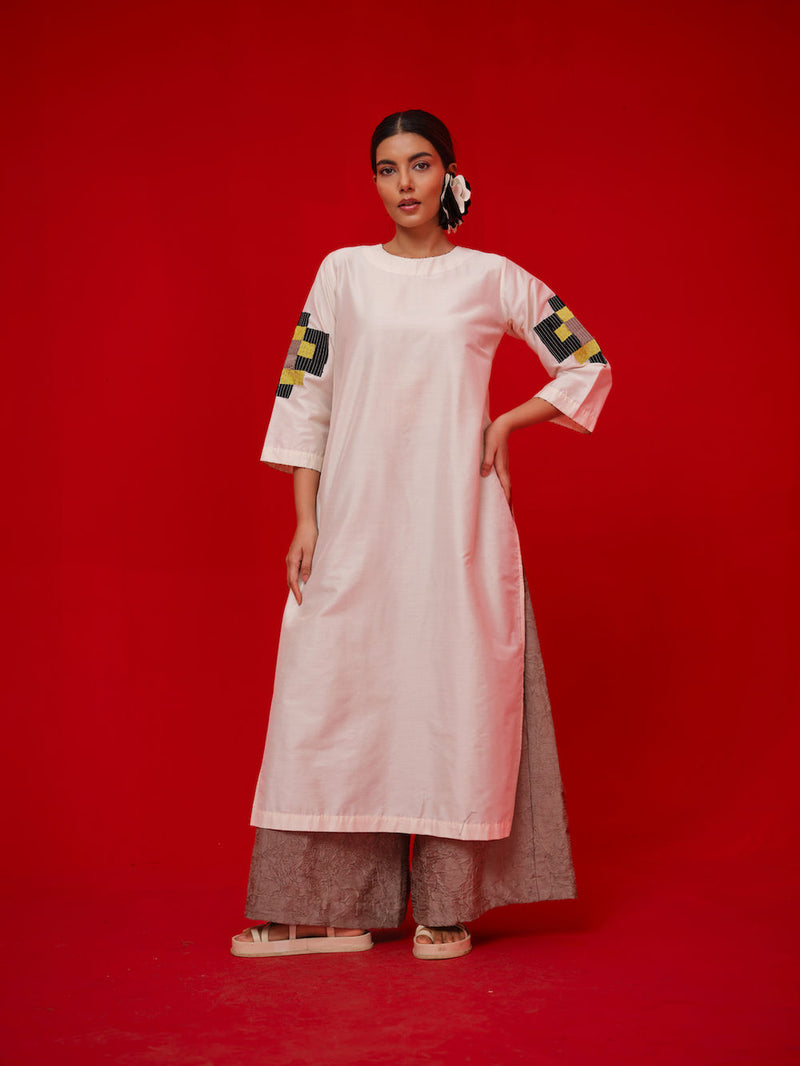 Union Tunic-Ivory + Black + Yellow silk cotton tunics/kaftan by Stoique in ivory, black, yellow for women in Singapore