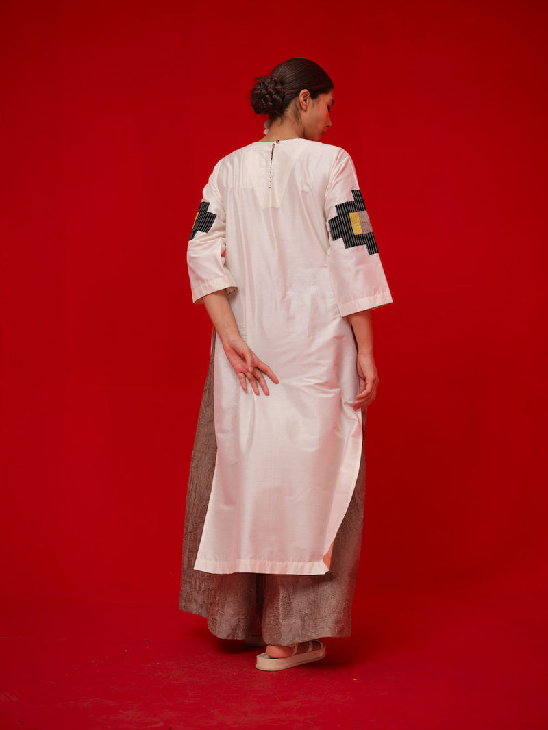 Union Tunic-Ivory + Black + Yellow silk cotton tunics/kaftan by Stoique in ivory, black, yellow for women in Singapore
